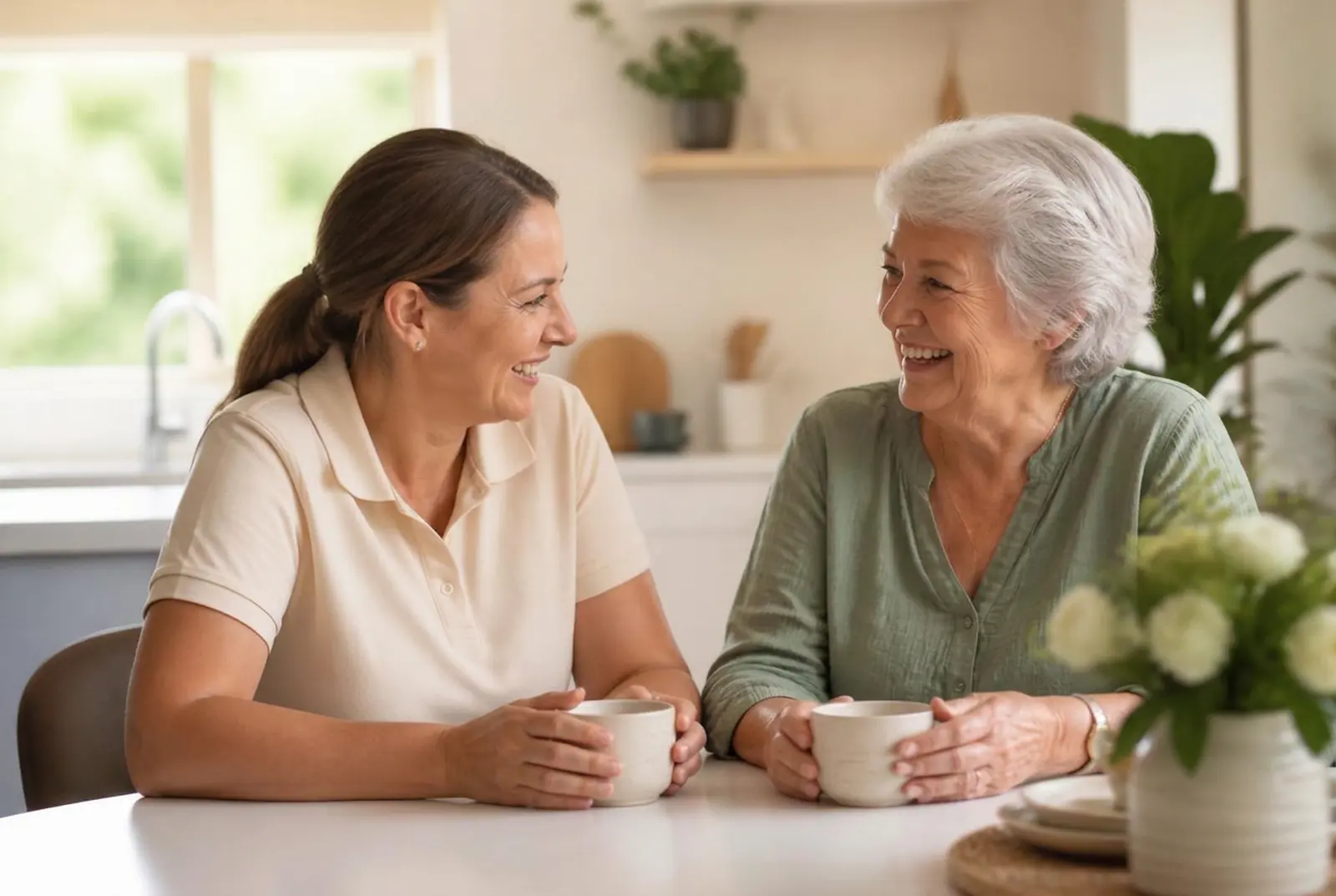 A caregiver sharing a quiet moment with an older adult at home