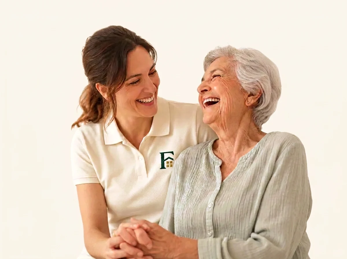 A FaithFulness caregiver laughing warmly with an older woman she supports at home